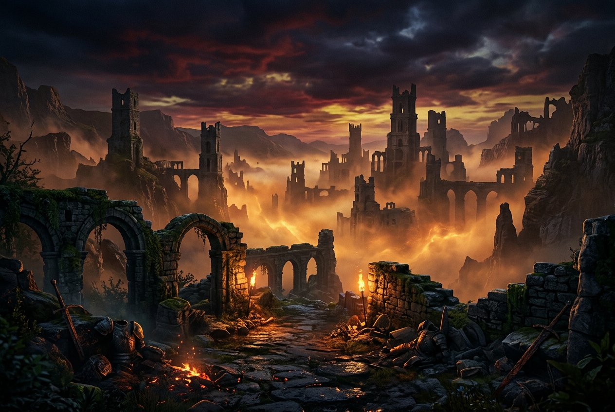 Ancient ruins engulfed in glowing amber shroud fog under a crimson twilight sky