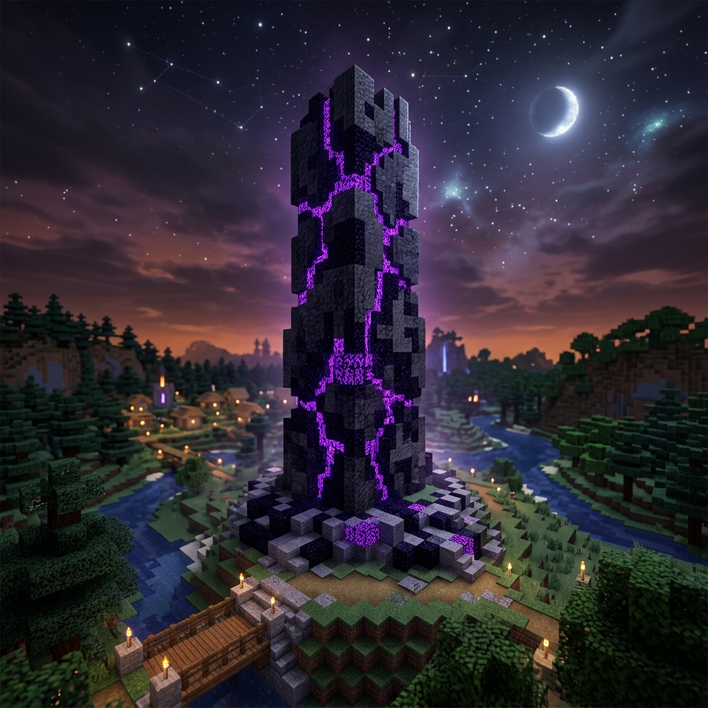 Minecraft Monolith Obsidian structure with purple glowing runes under starry sky
